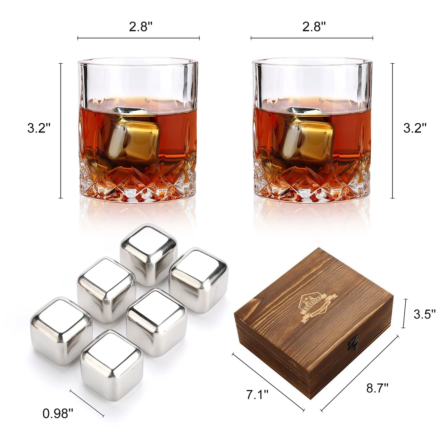 KIT DE ROCAS ENFRIADORAS Y VASOS DE WISKHY EN CAJA DE MADERA