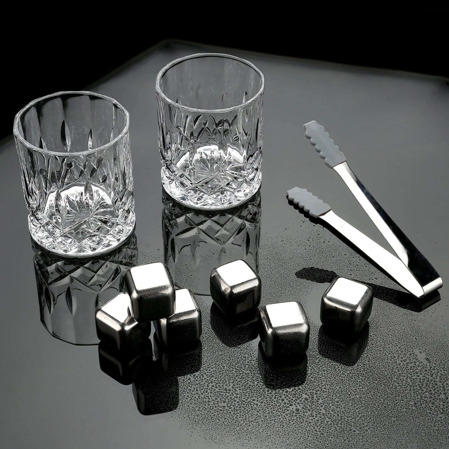 KIT DE ROCAS ENFRIADORAS Y VASOS DE WISKHY EN CAJA DE MADERA