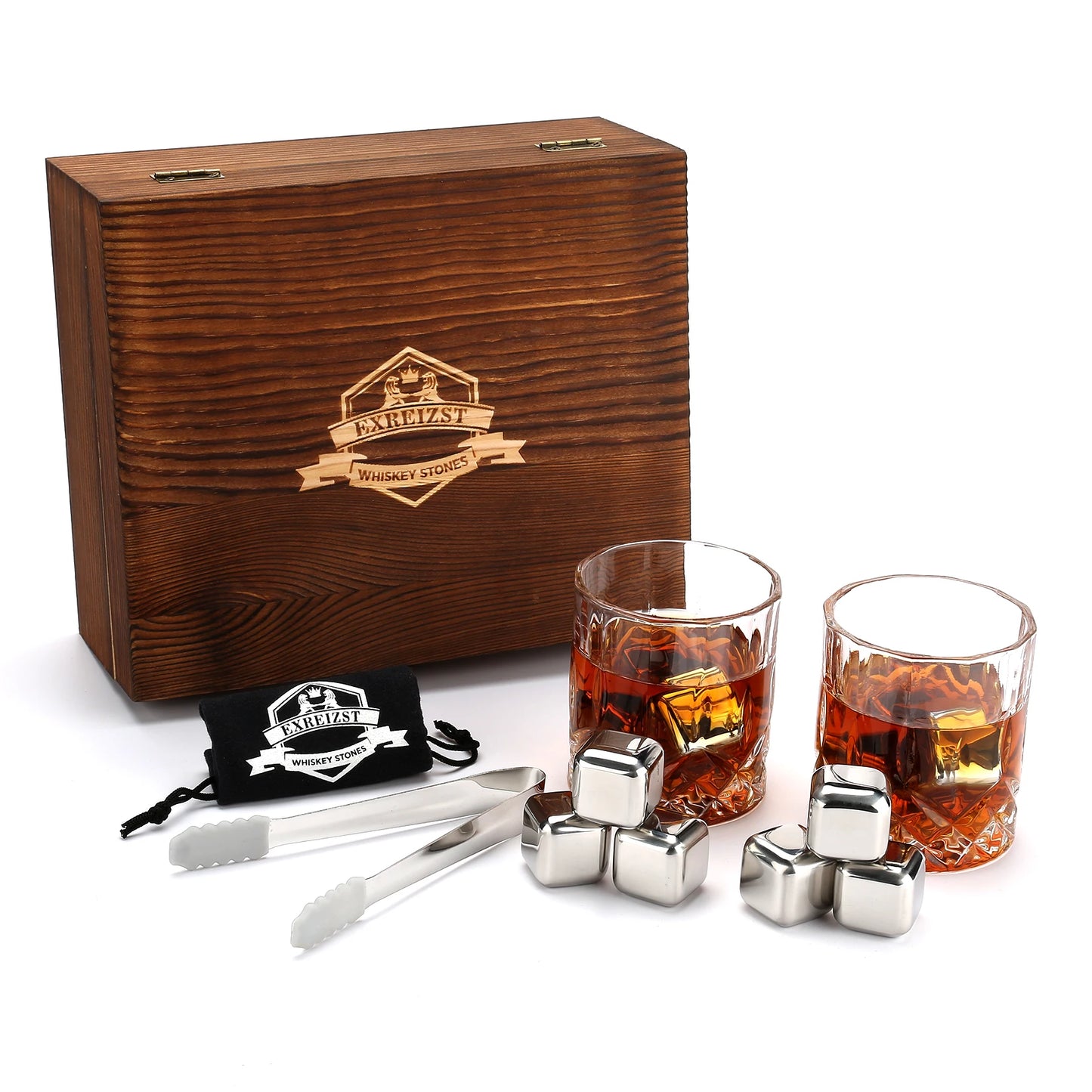 KIT DE ROCAS ENFRIADORAS Y VASOS DE WISKHY EN CAJA DE MADERA