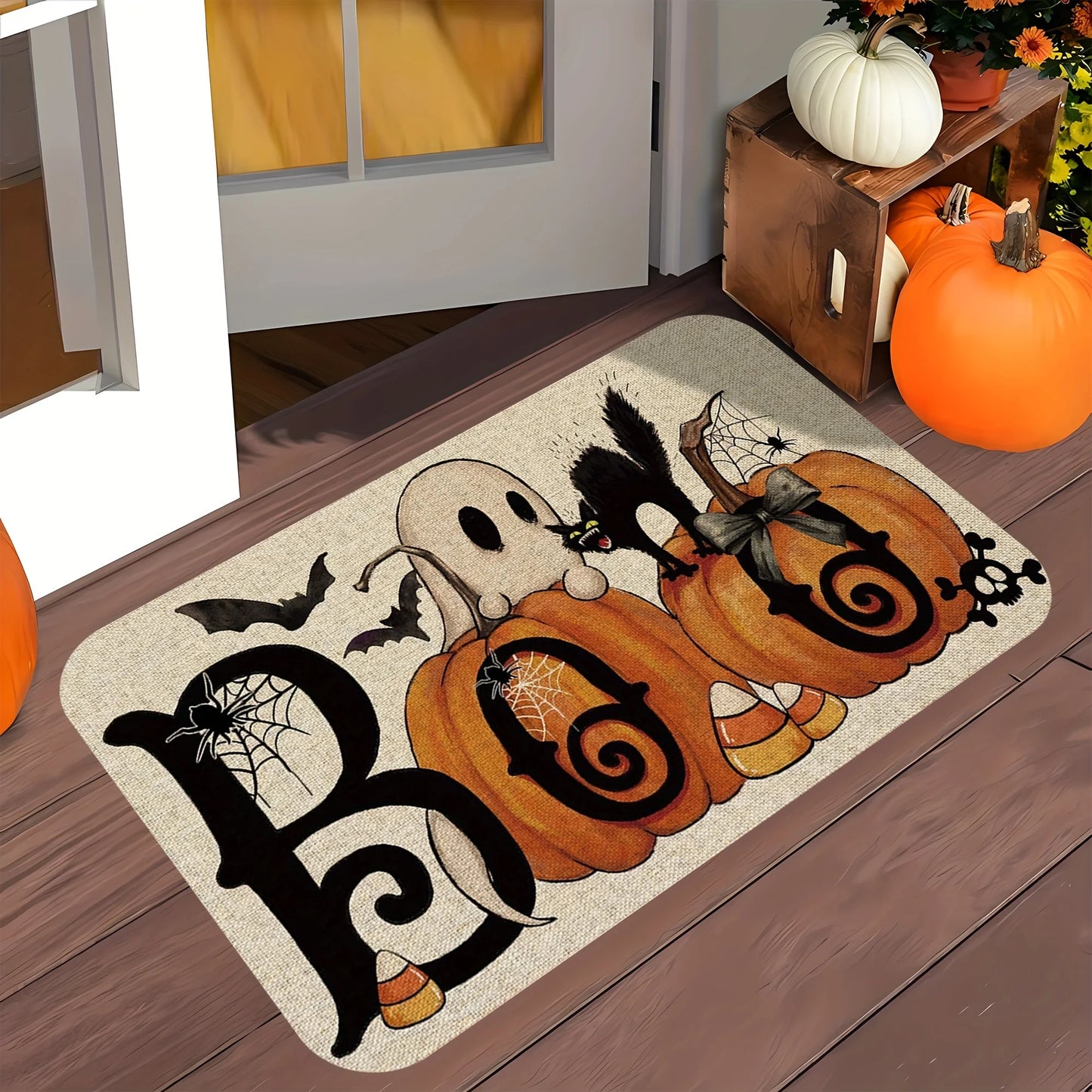 TAPETE DE BIENVENIDA DE HALLOWEEN FANTASMA Y CALABAZAS