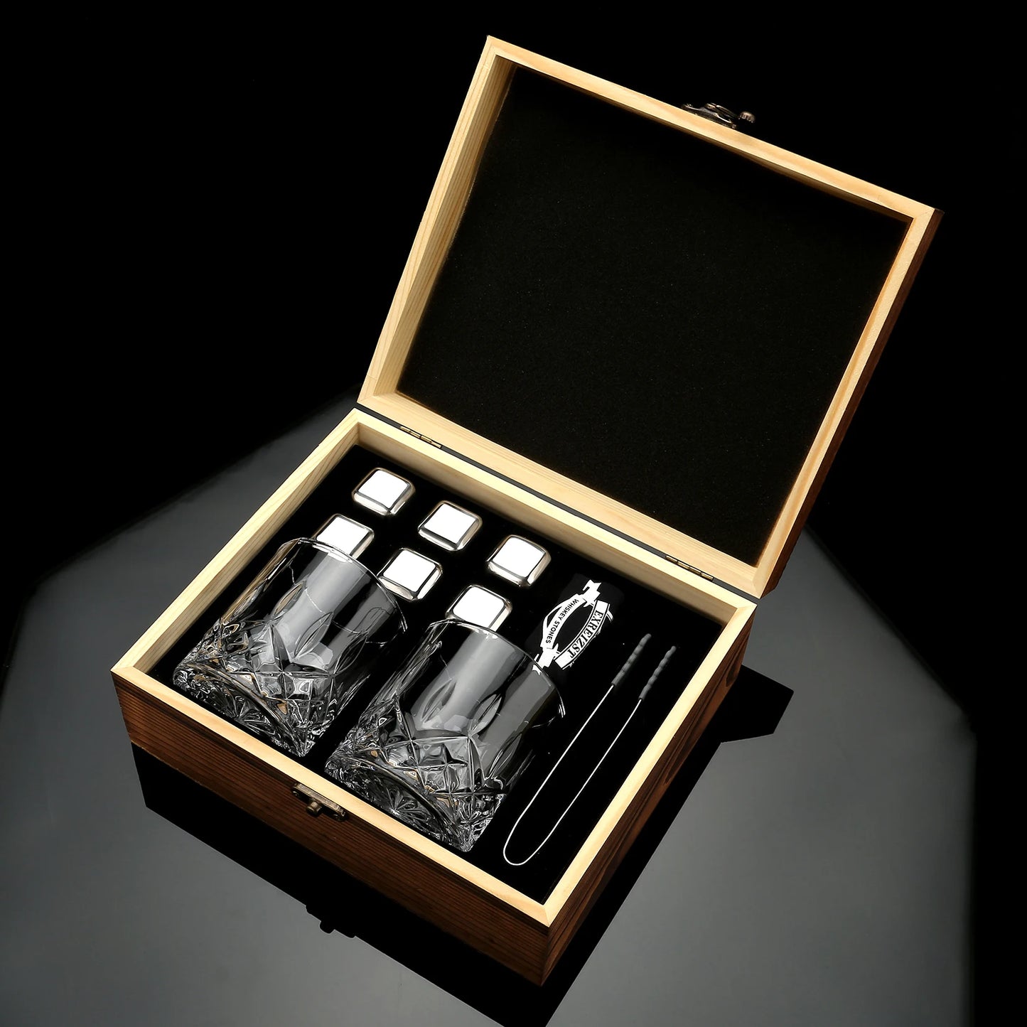 KIT DE ROCAS ENFRIADORAS Y VASOS DE WISKHY EN CAJA DE MADERA