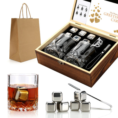 KIT DE ROCAS ENFRIADORAS Y VASOS DE WISKHY EN CAJA DE MADERA