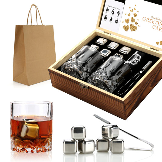 KIT DE ROCAS ENFRIADORAS Y VASOS DE WISKHY EN CAJA DE MADERA