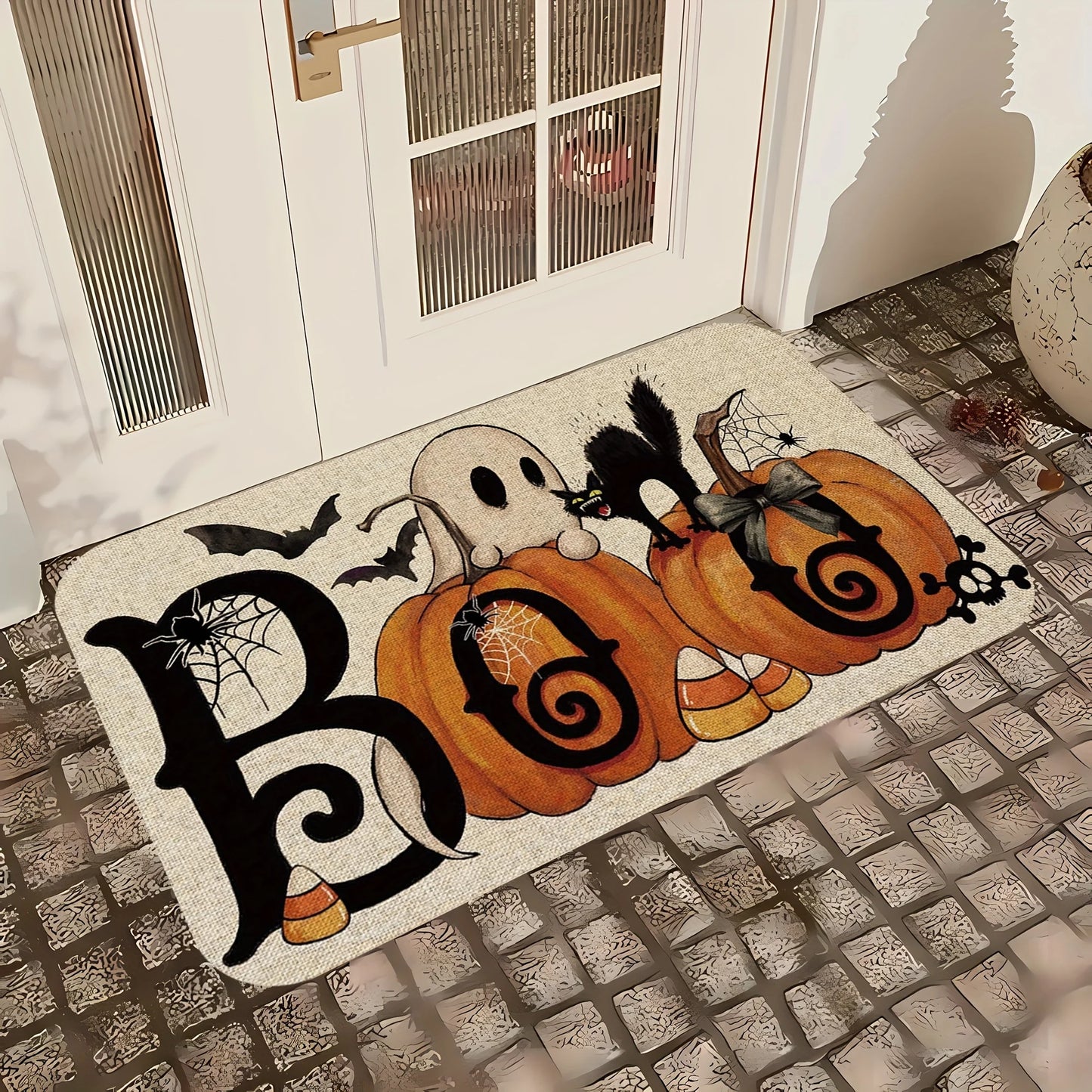 TAPETE DE BIENVENIDA DE HALLOWEEN FANTASMA Y CALABAZAS